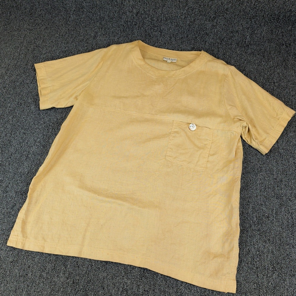 David‎ Dart Women VTG Linen Shirt L Yellow Short Sleeve Pocket Boho Made in USA